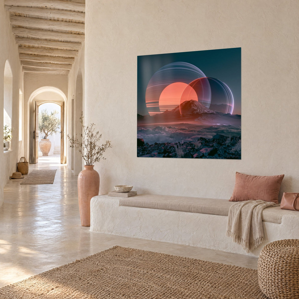 Wall art Coral sun and overlapping glowing discs in deep slate blue, three-quarter view, vaulted Mediterranean hallway