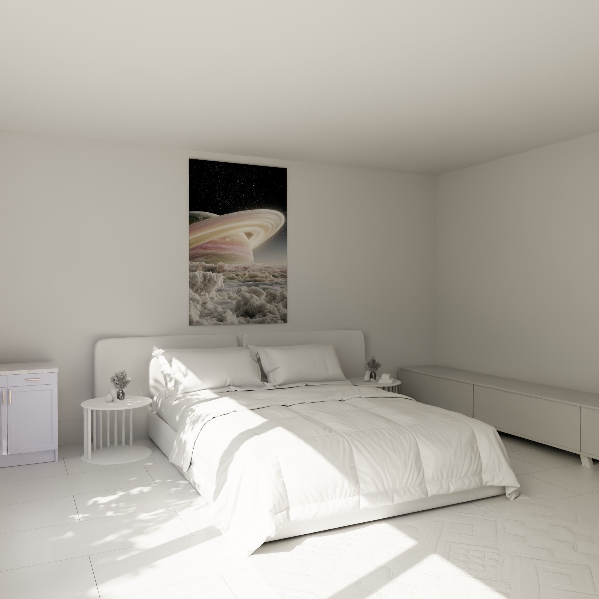 Anneaux roses et dorés d'une planète cosmique accrochés au-dessus d'un lit dans une chambre claire