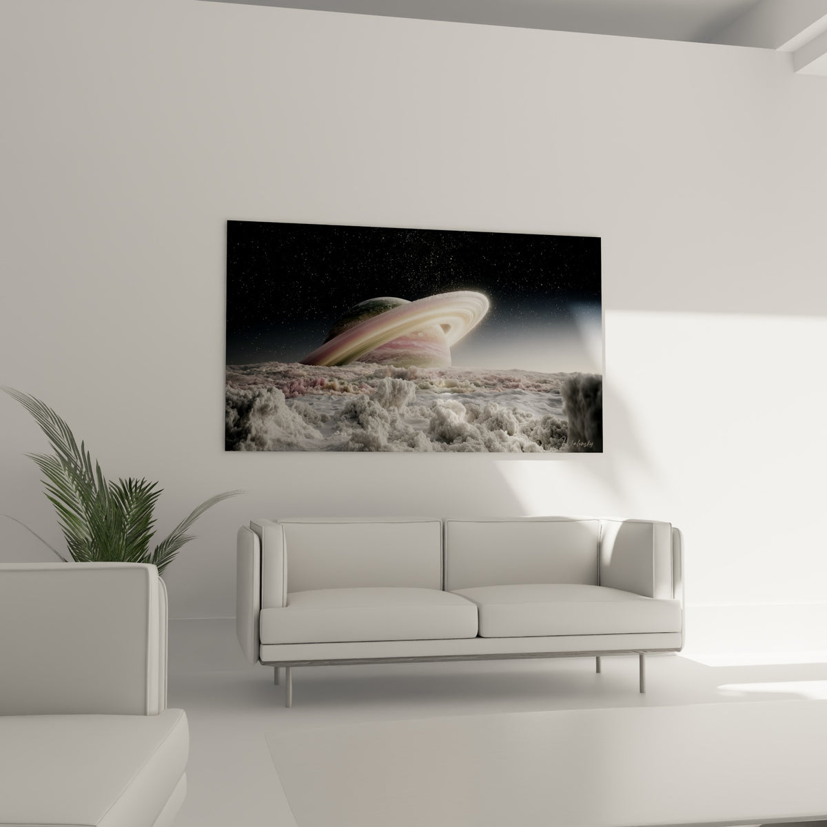 Sphère céleste dorée et blanche au-dessus d'un canapé dans un salon lumineux