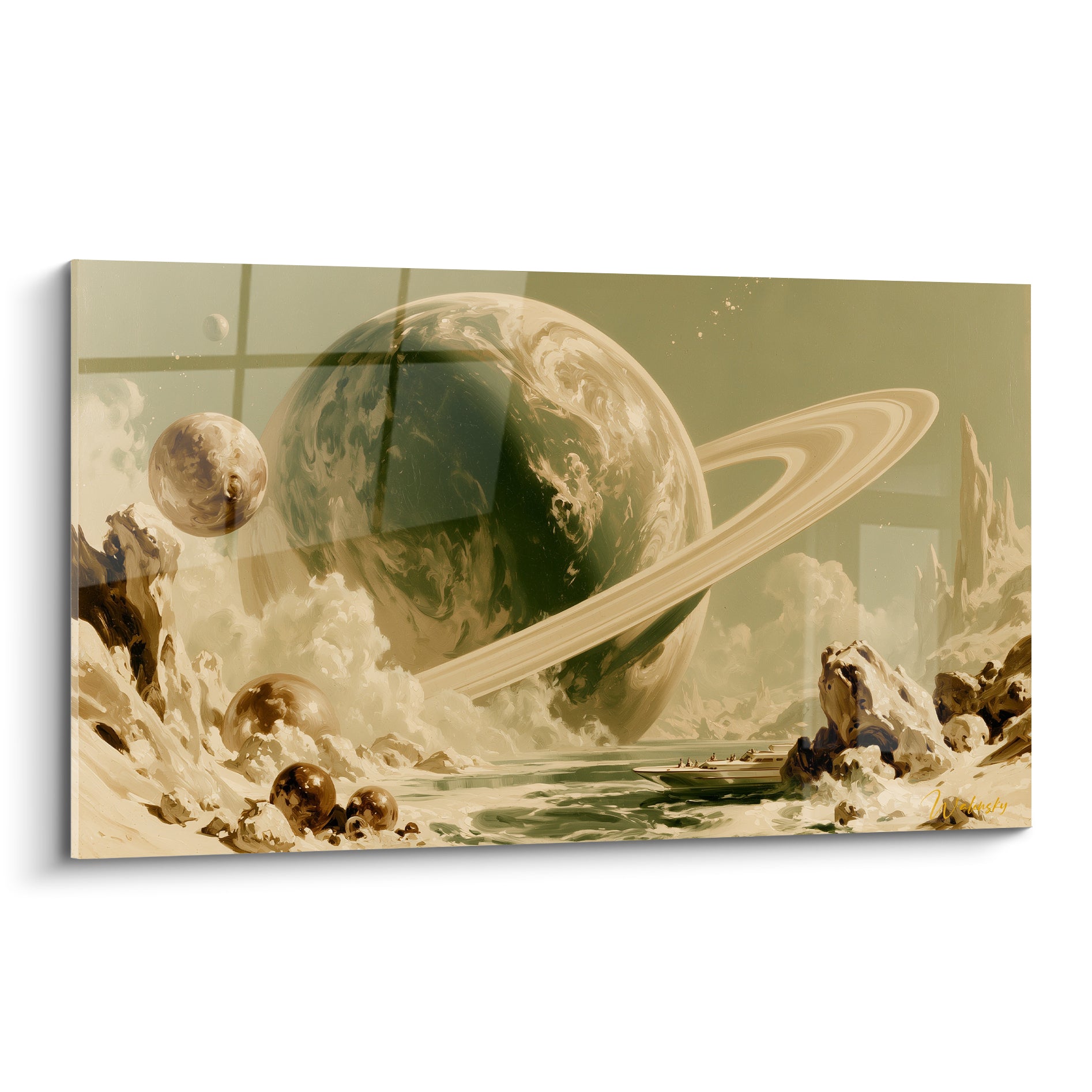Planète annelée dorée et sépia surplombant une mer calme parcourue par une petite embarcation