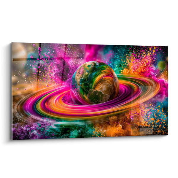 Tableau Globe terrestre vert et rose aux anneaux multicolores - Explosion de poudre colorée - Edition Planète