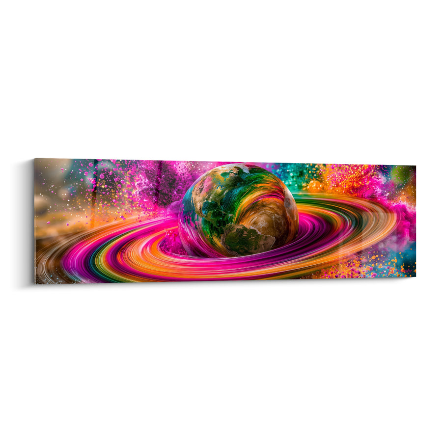Tableau Globe terrestre vert et doré aux anneaux magenta - Explosion de poudre colorée - Edition Planète