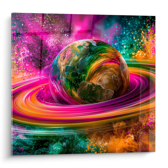 Planète Terre entourée d'anneaux magenta et turquoise tourbillonnants sur fond de nébuleuse dorée
