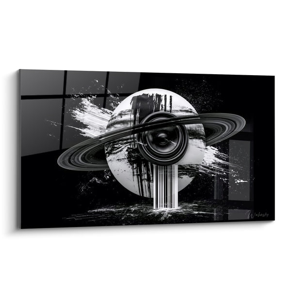 Tableau Planète anneaux blanc et noir avec haut-parleur - Vibration cosmique - Edition Planète