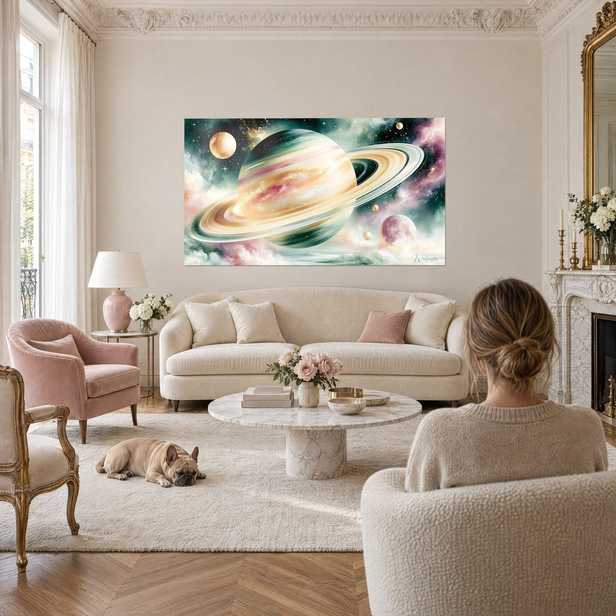 Quadro pianeta anellato con anelli color crema e verde salvia, lune dorate, davanti a una donna e al suo bulldog, sopra un divano in un soggiorno luminoso
