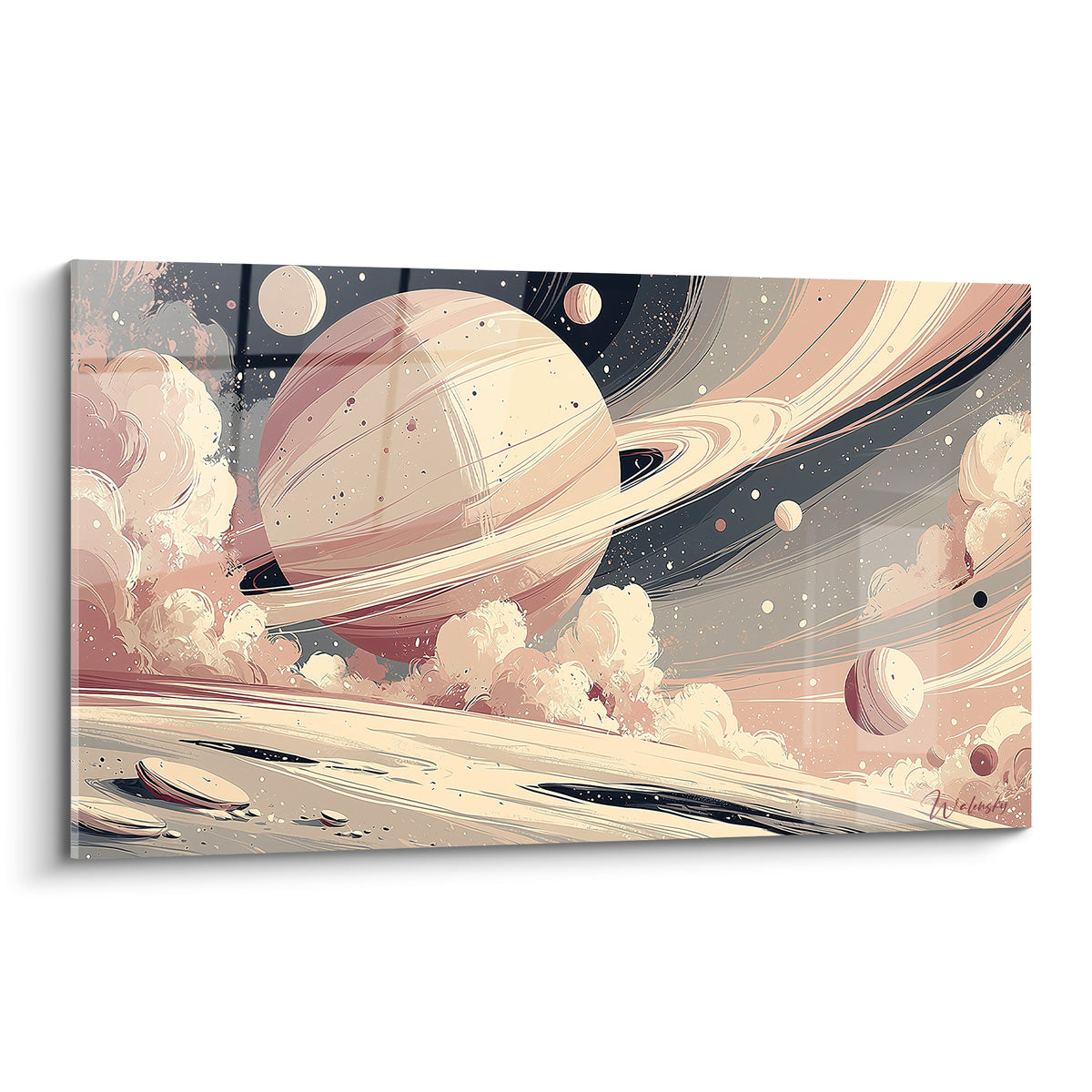 Planète aux anneaux rose poudré et beige entourée de nuages cosmiques et d'étoiles anthracite