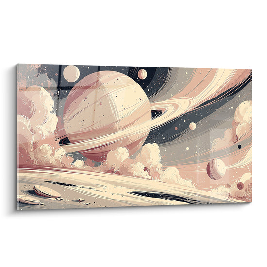 Planète aux anneaux rose poudré et beige entourée de nuages cosmiques et d'étoiles anthracite