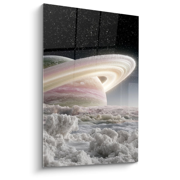 Tableau Planète annelée rose et vert pâle sur relief glacé - Anneau lumineux étoilé - Edition Planète
