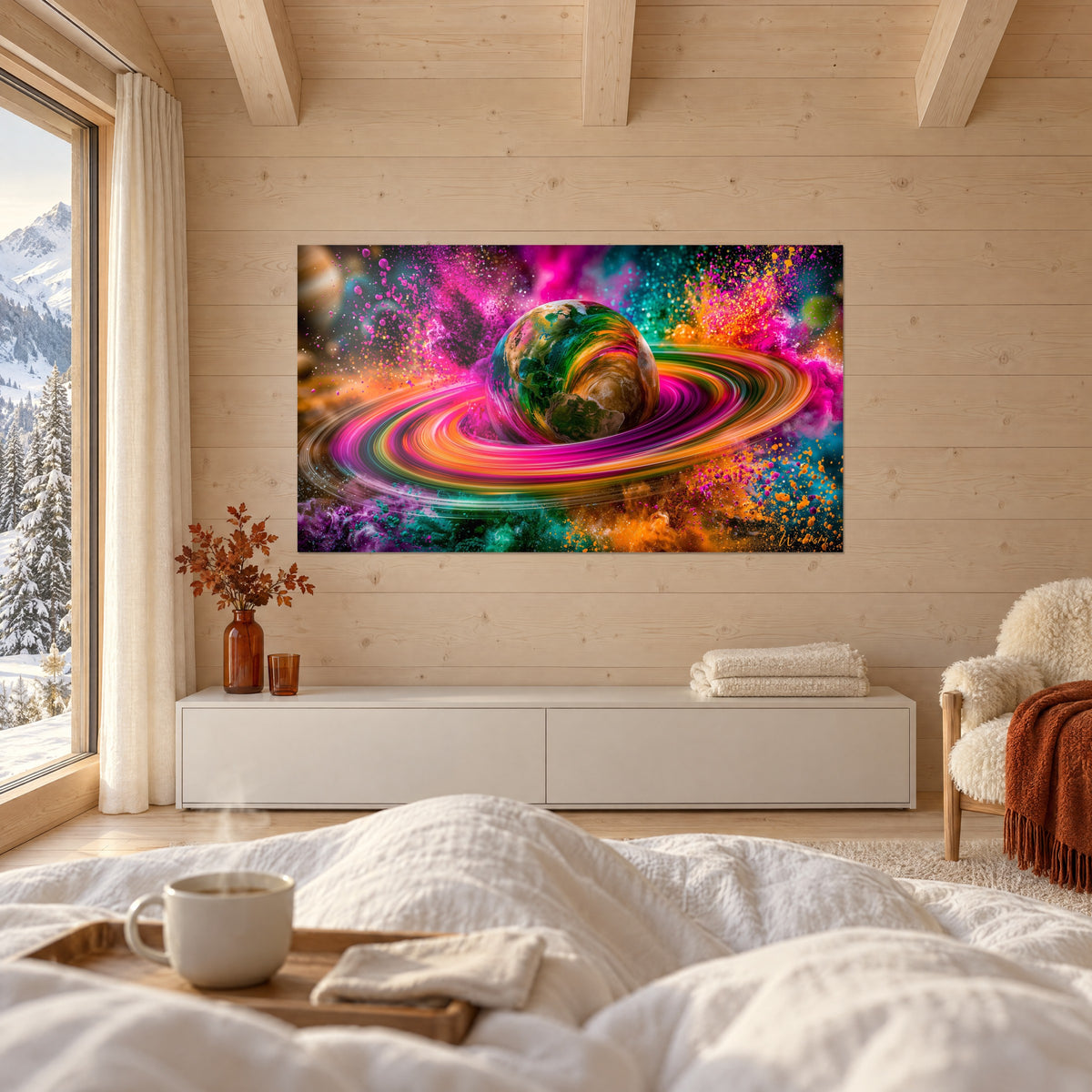 Tableau astre aux anneaux fuchsia et ambre dans un nuage de poudre violette, accroché au-dessus d'un lit dans une chambre claire