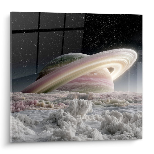 Tableau Planète annelée rose et blanche sur relief givré - Vue depuis un cratère - Edition Planète