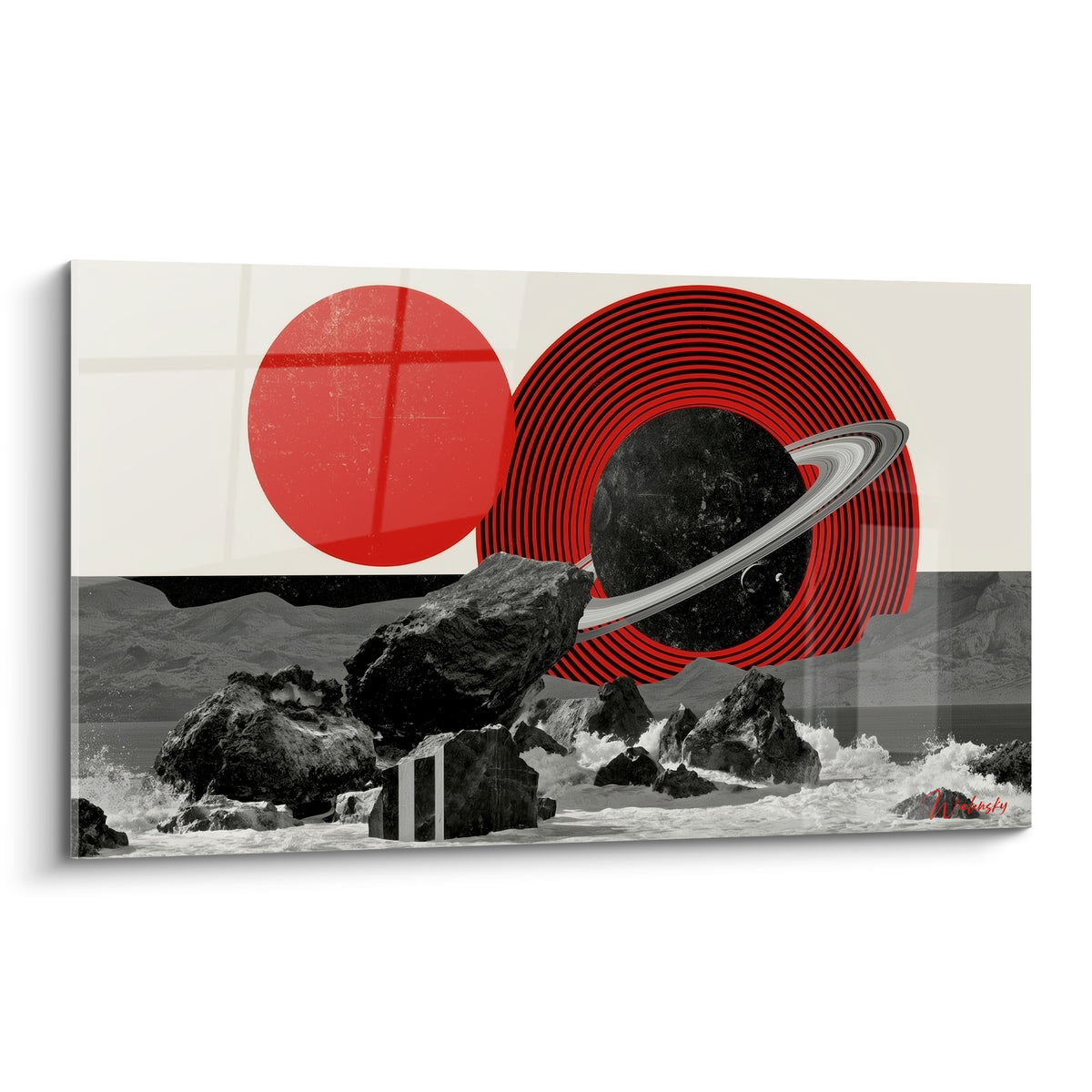 Planète noire aux anneaux rouges et gris surplombant un rivage rocheux noir et blanc
