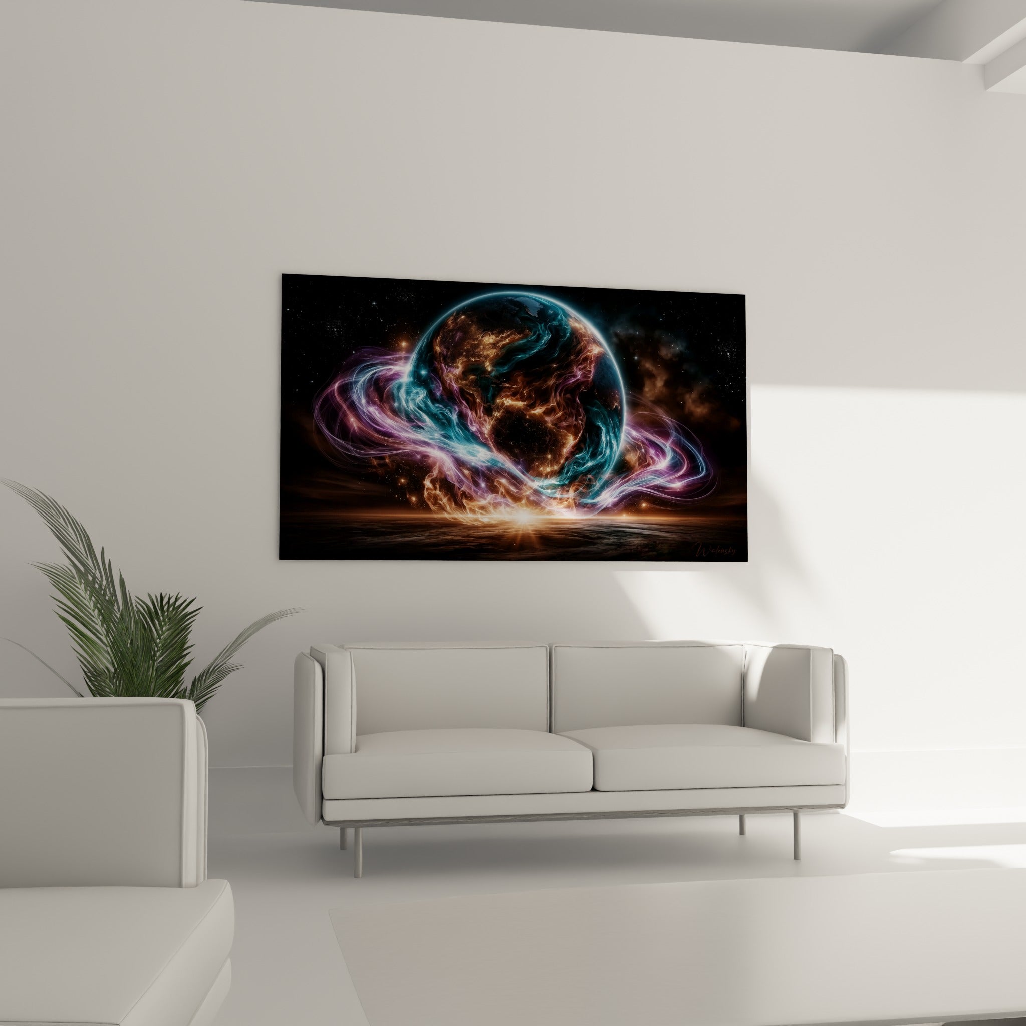 Planète illuminée d'orangé et de turquoise entourée d'anneaux violets, au-dessus d'un canapé dans un salon lumineux
