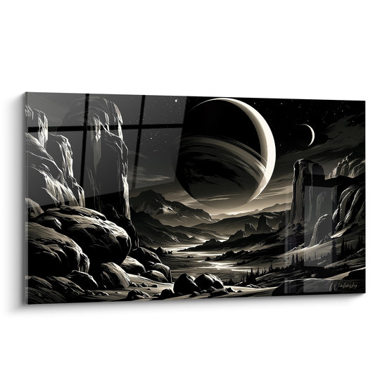 Planète annelée dominant un canyon anthracite et ivoire, rendu graphique façon gravure noir et blanc