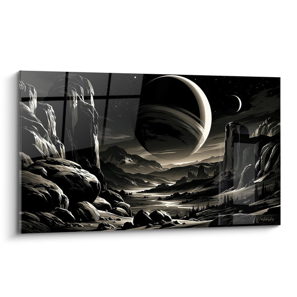 Tableau Paysage rocheux noir et blanc sous planète annelée - Veille cosmique - Edition Planète