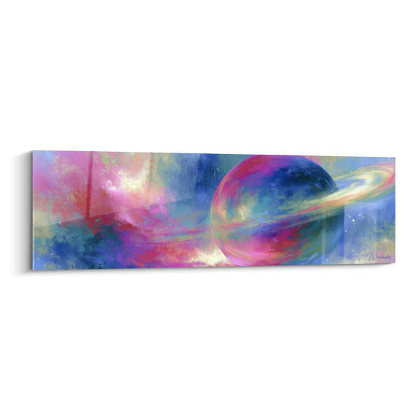 Tableau Planète annelée bleue et rose sur nébuleuse rosée - Anneau doré scintillant - Edition Planète