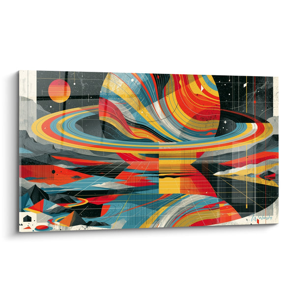 Tableau Planète annelée rouge et bleue aux pyramides géométriques - Reflet quadrillé au sol - Edition Planète