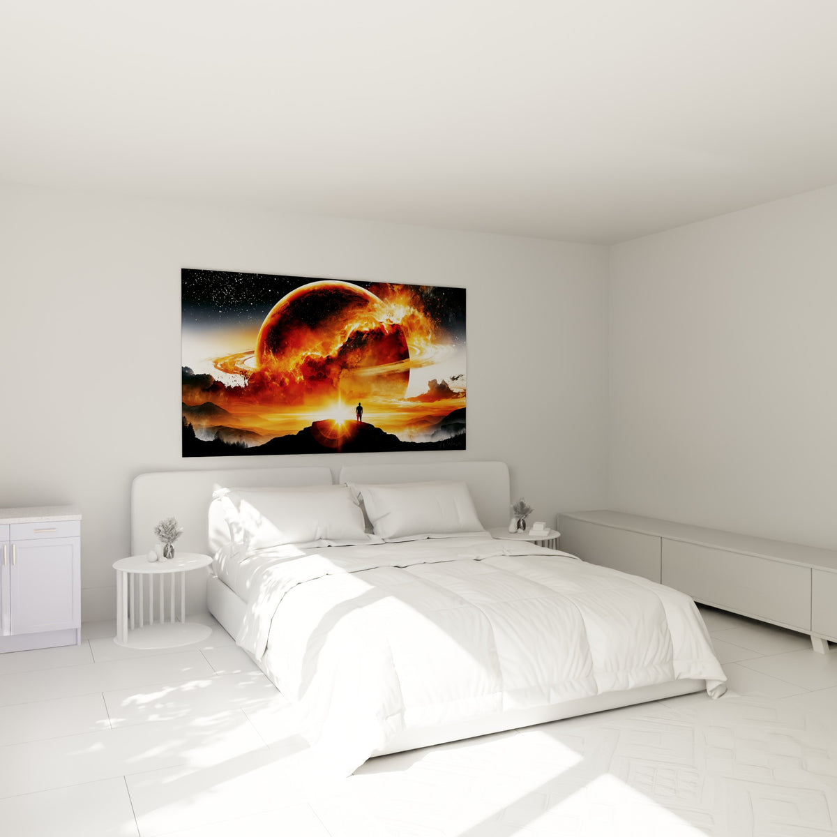 Homme minuscule contemplant une planète rouge embrasée, tableau accroché au-dessus d'un lit dans une chambre claire