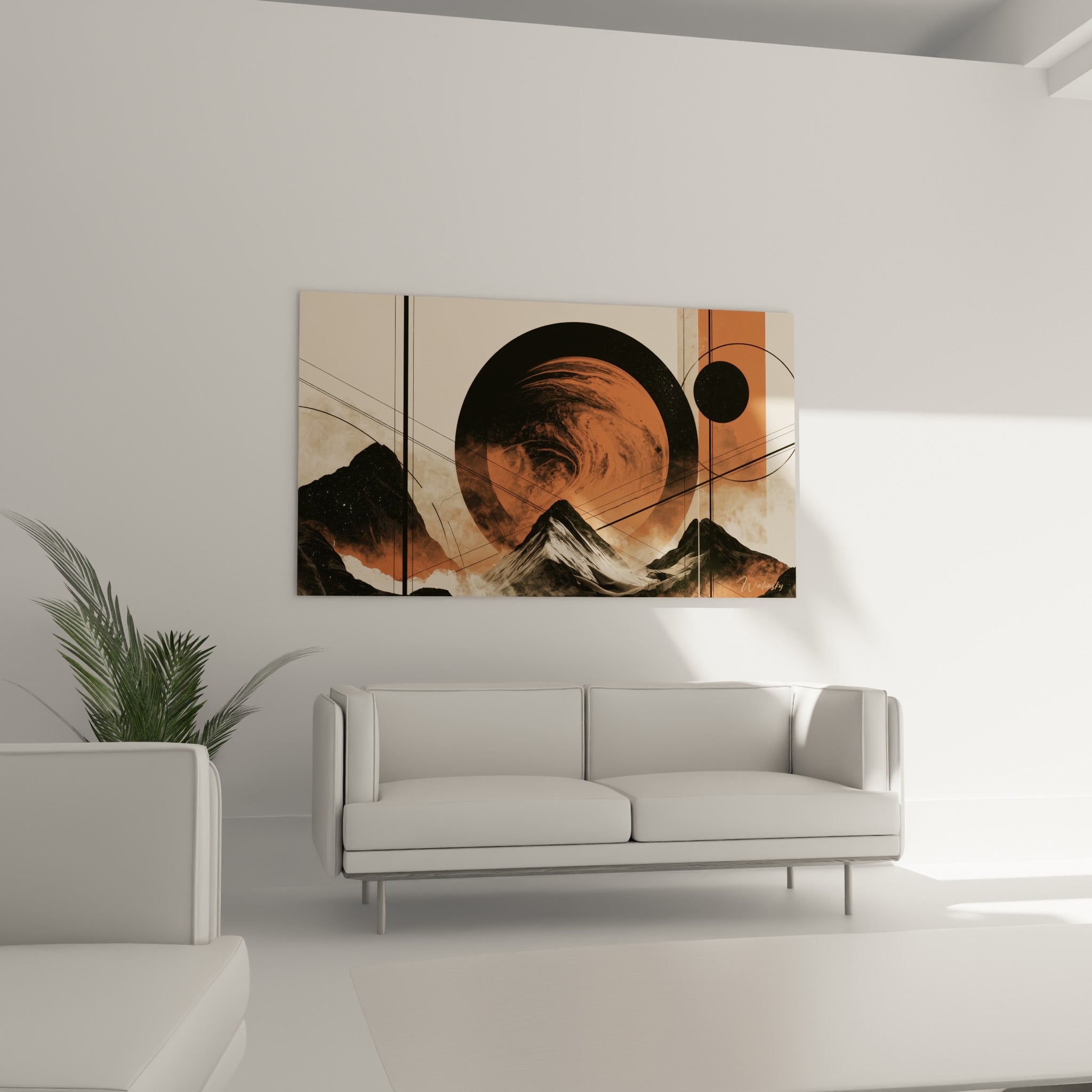 Astre terracotta cerclé de lignes graphiques dominant des pics anthracite, au-dessus d'un canapé dans un salon lumineux