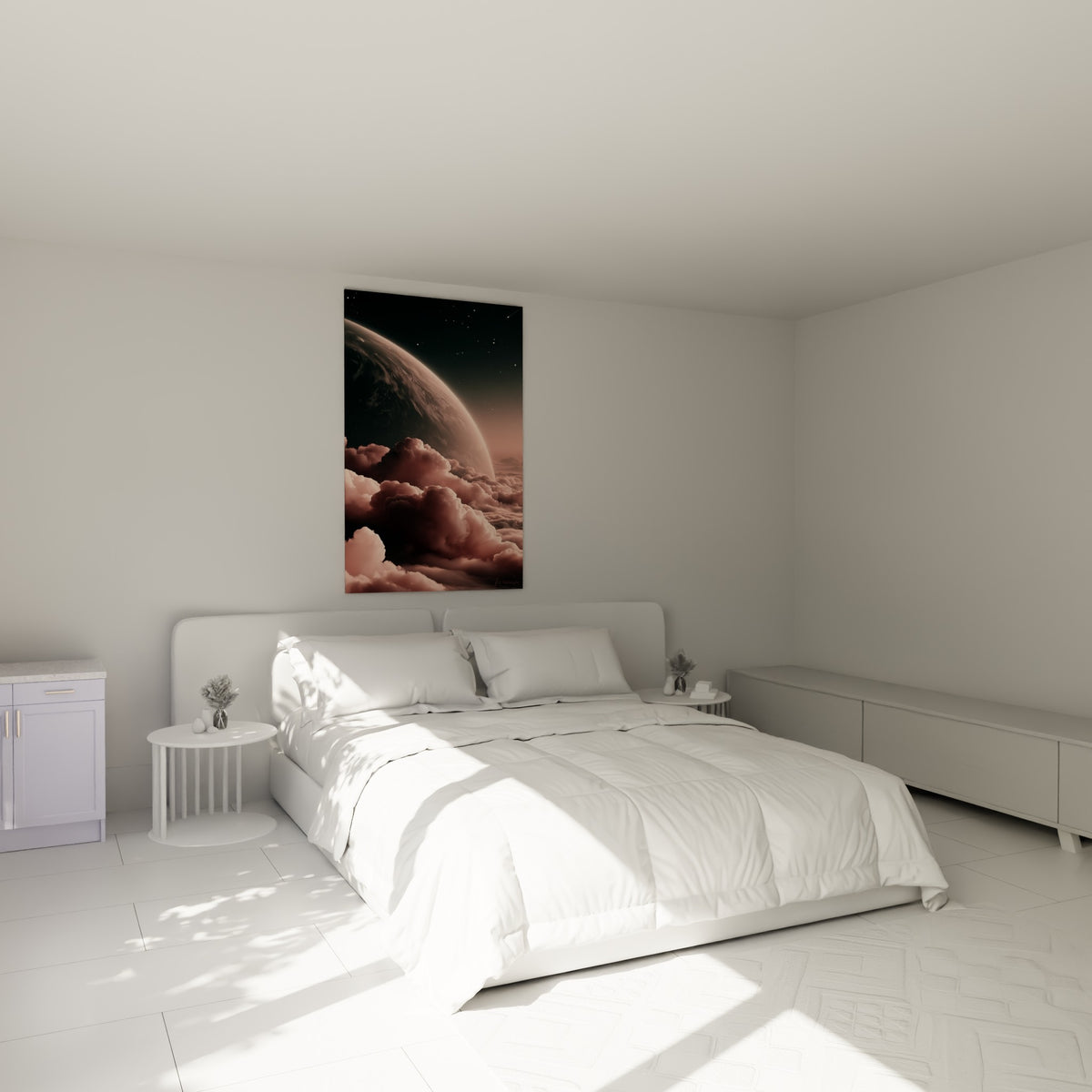 Sphère céleste rose pâle flottant sur des nuages denses, accrochée au-dessus d'un lit dans une chambre claire
