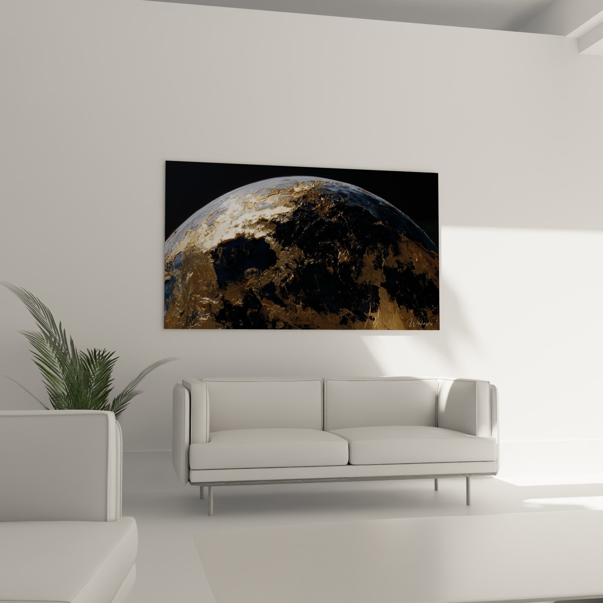 Sphère céleste dorée et anthracite, coulures picturales, au-dessus d'un canapé dans un salon lumineux