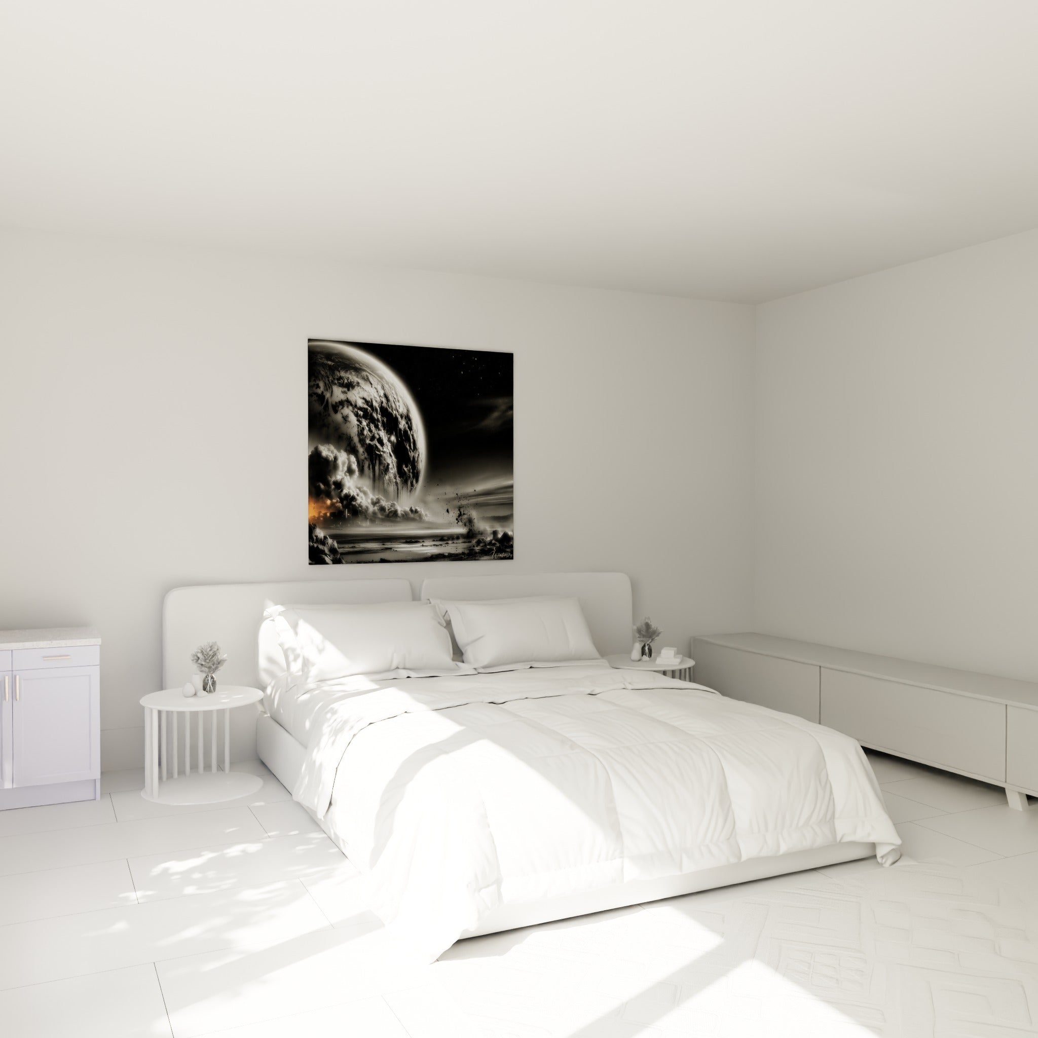 Sphère anthracite et lueur orange de ce tableau Planète accrochée au-dessus d'un lit dans une chambre claire.