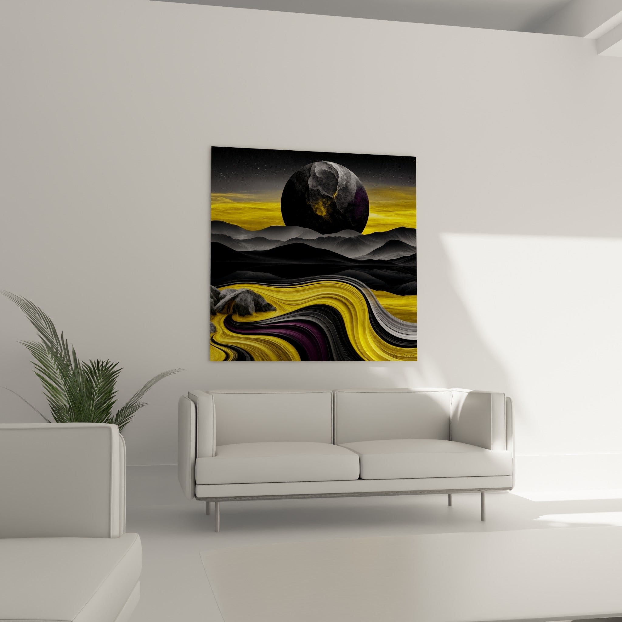 Planète texturée grise et pourpre dominant un désert doré ondulant, tableau au-dessus d'un canapé dans un salon lumineux