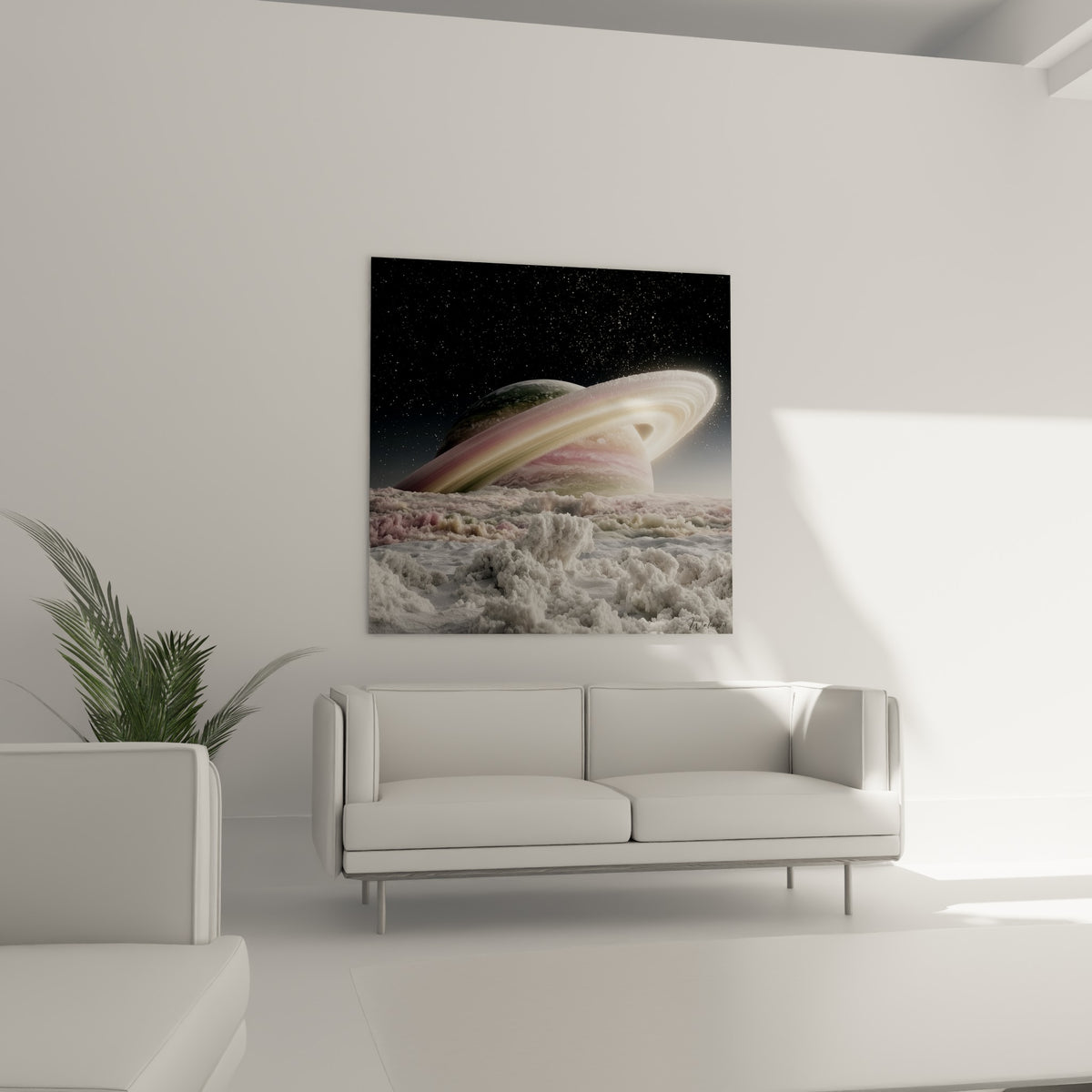 Planète givrée aux teintes ivoire et anthracite placée au-dessus d'un canapé dans un salon lumineux