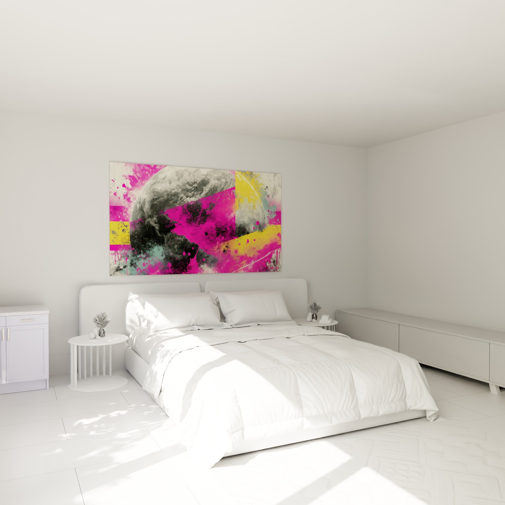 Sphère anthracite et rose vif projetée sur toile, au-dessus d'un lit dans une chambre claire