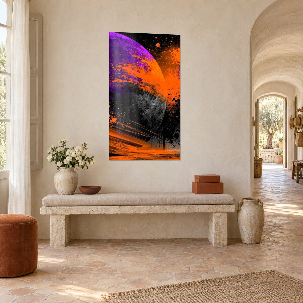 Wall art purple and orange celestial body eaten away by black spots, small distant moons, white wall of a Provençal farmhouse