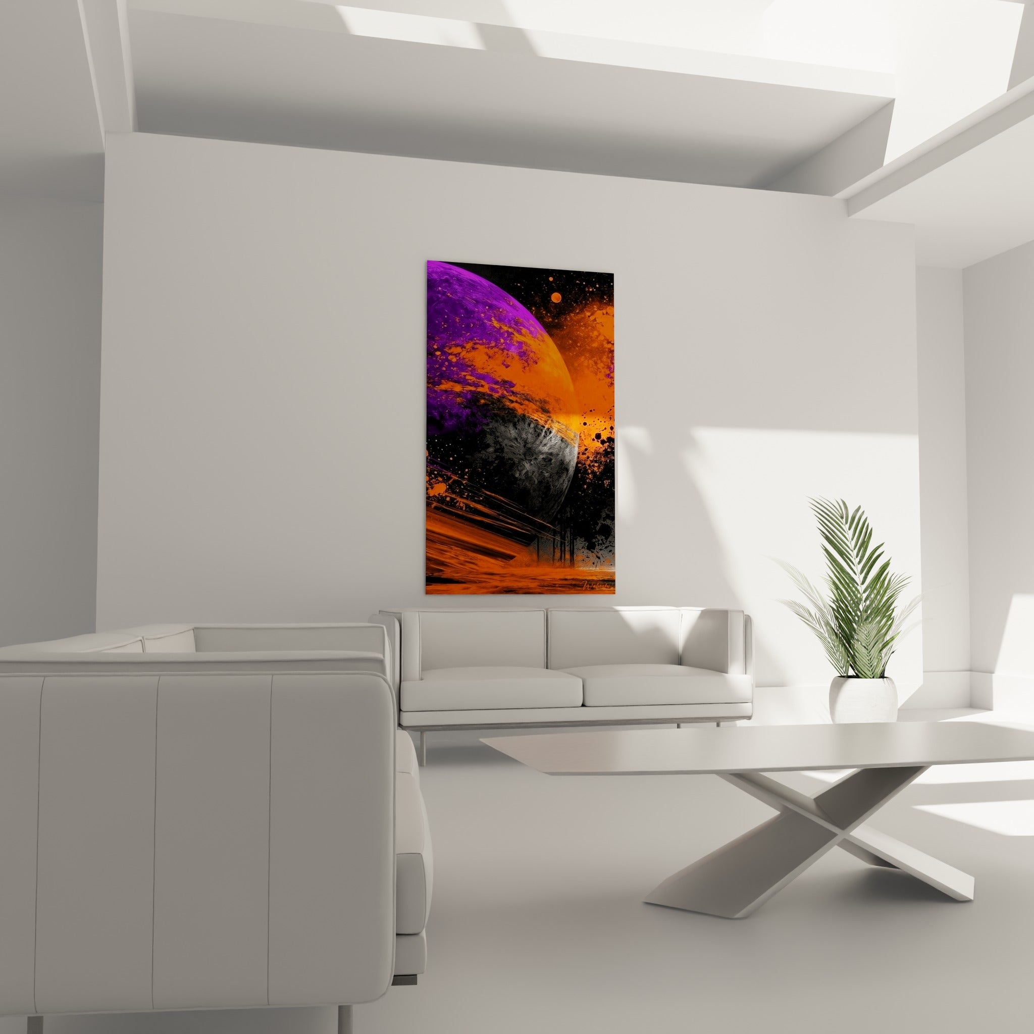 Astre orange et violet strié de matière incandescente, disposé au-dessus d'un canapé dans un salon lumineux