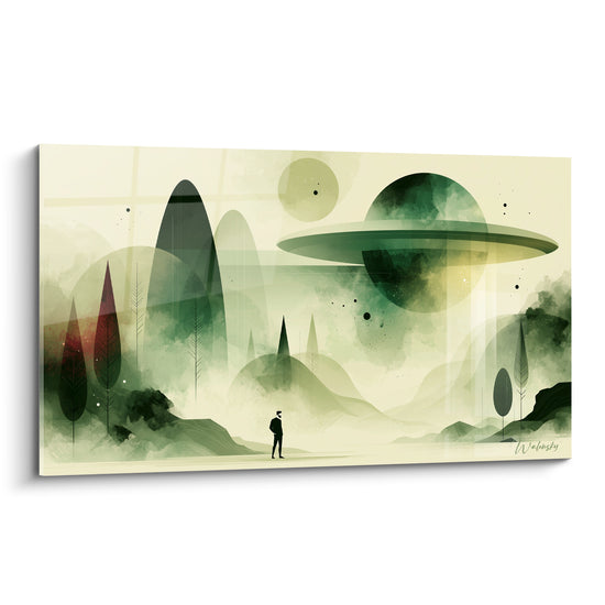 Tableau Silhouette contemplant planète verte et anneau - Contact silencieux - Edition Planète