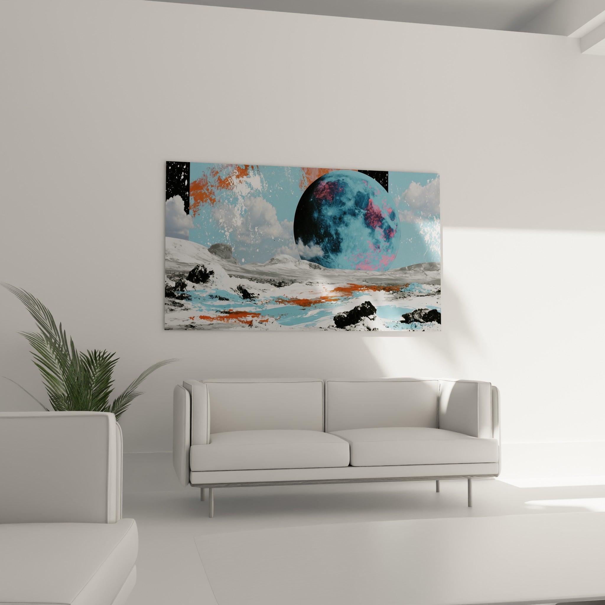 Astre bleu profond aux nuances roses survolant un sol anthracite strié d'orange, au-dessus d'un canapé dans un salon lumineux
