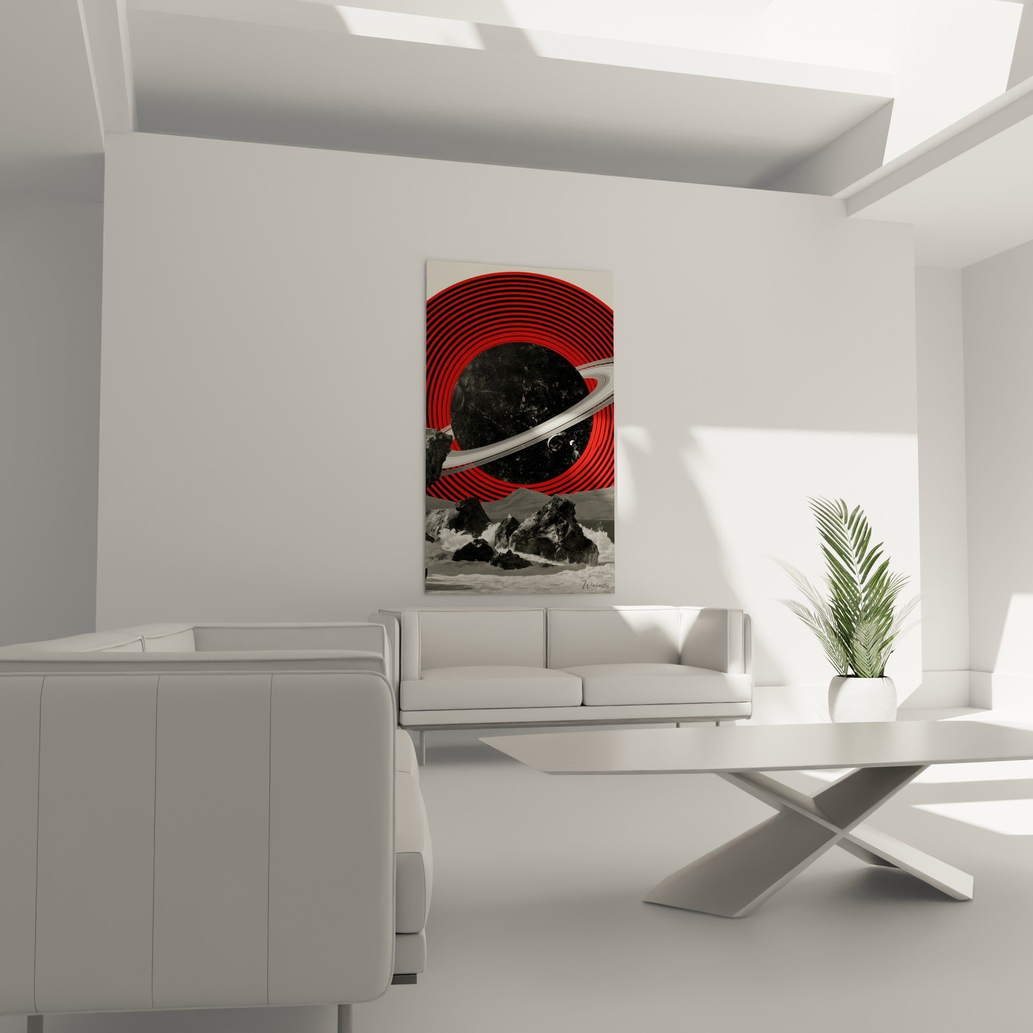 Rochers gris et vagues blanches sous une planète rouge et noire au-dessus d'un canapé dans un salon lumineux.