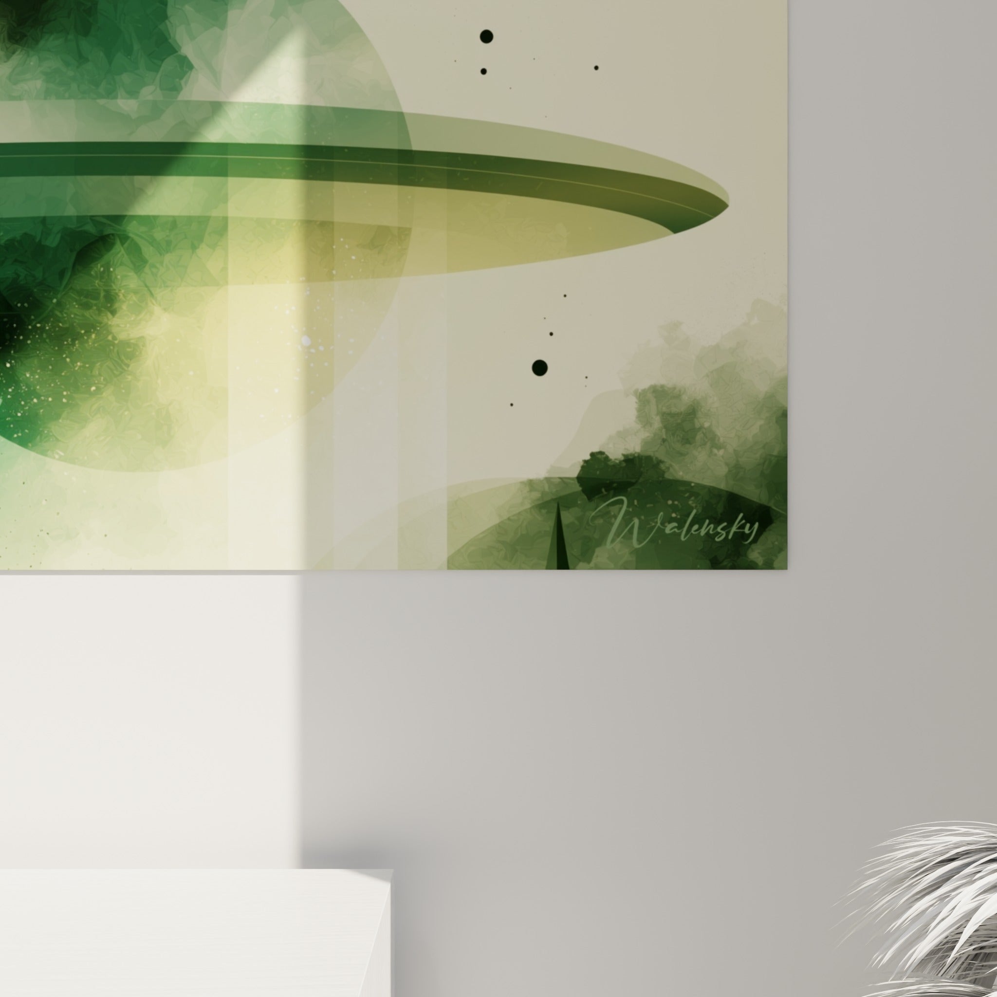 Empâtements verts et dorés révélant la matière aquarelle de ce tableau Planète vu de près