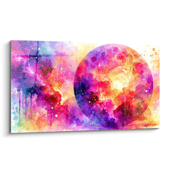 Planète aquarelle rose et violette avec sphère dorée et éclats lumineux abstraits