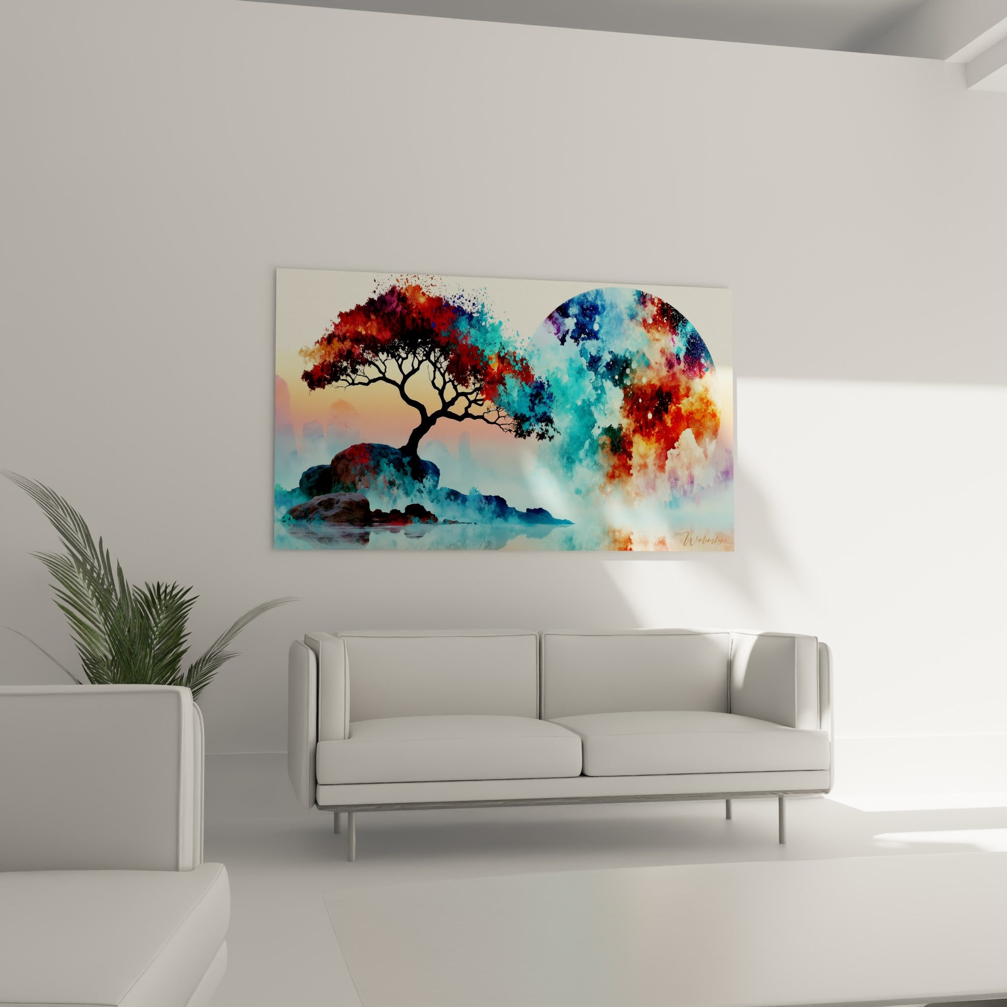 Arbre bonsaï fauve et planète bleu pastel disposés au-dessus d'un canapé dans un salon lumineux