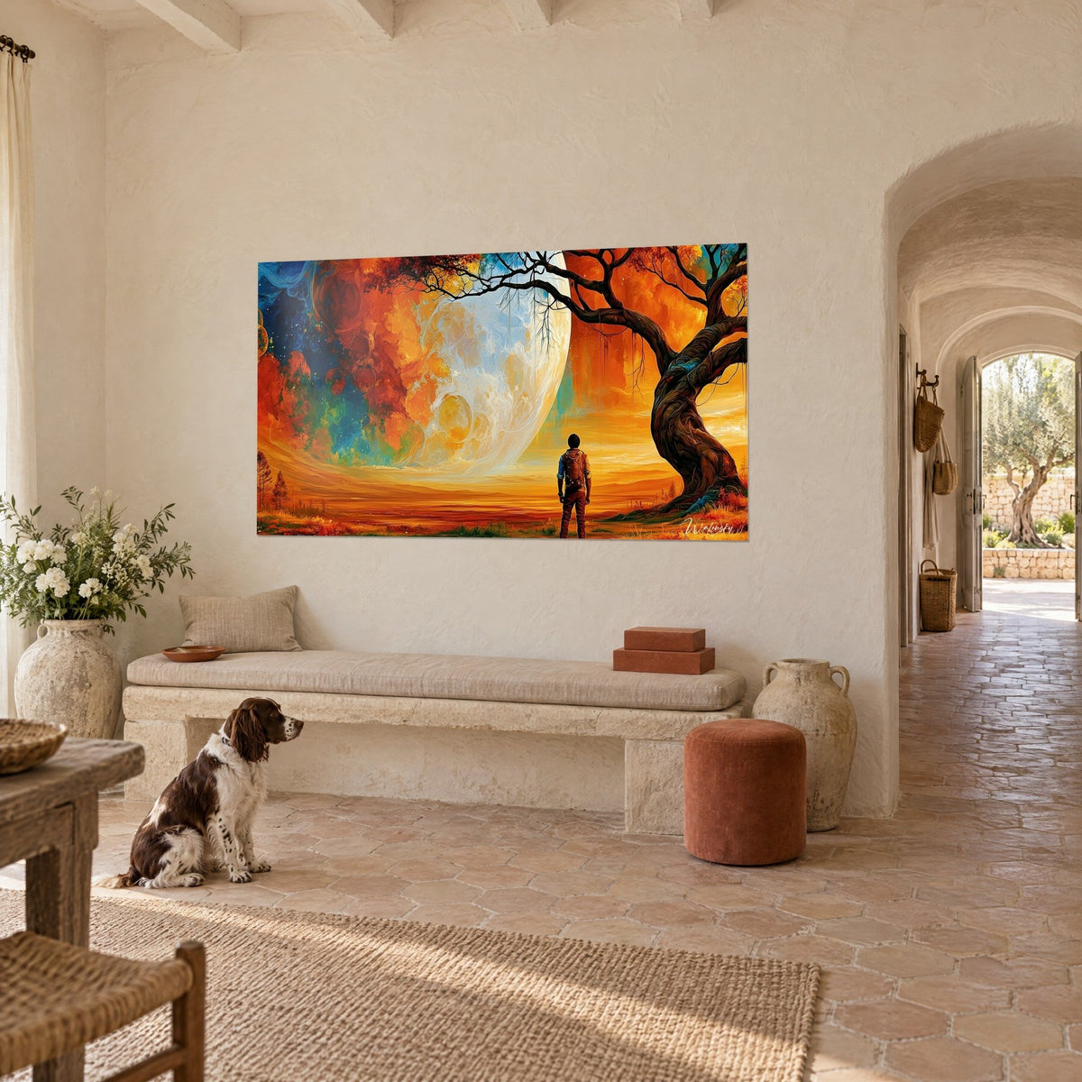 Wall art colossal celestial body in ochre and turquoise blue overlooking a tiny traveler, whitewashed wall, spaniel sitting on terracotta tiles