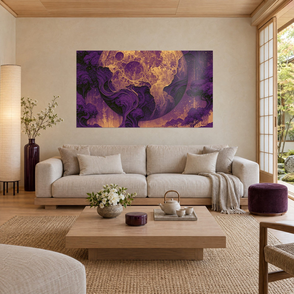 Wall art golden and violet moon sphere with craters, twisted mauve trees, above a sofa in a bright living room