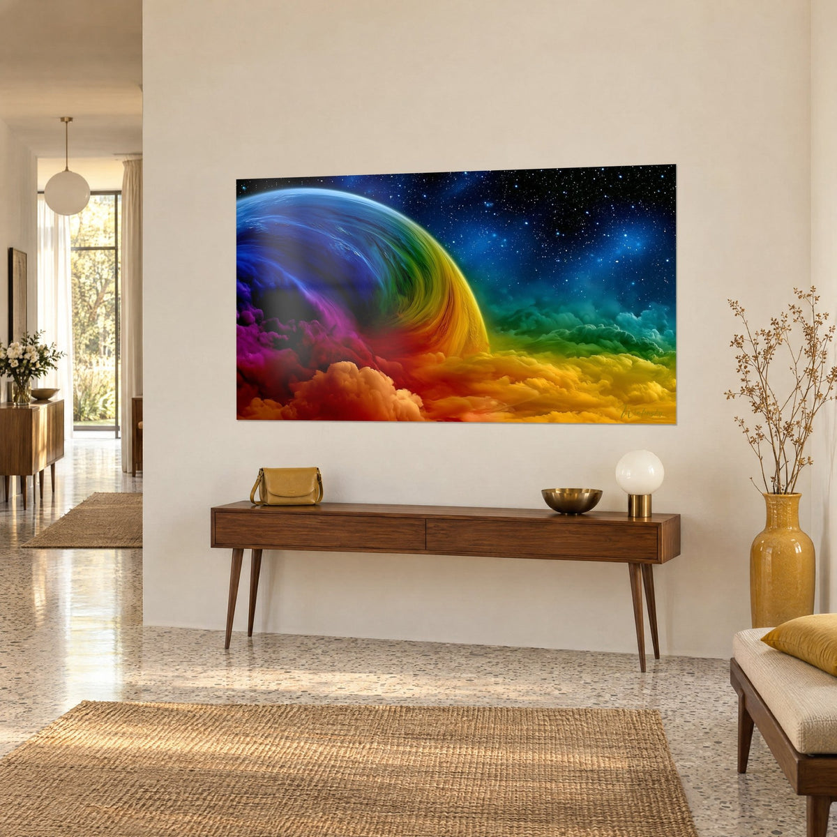 Tableau globe spiralé du bleu au jaune, nuages orange et violets sous les étoiles, sur un mur beige au-dessus d'une console en bois