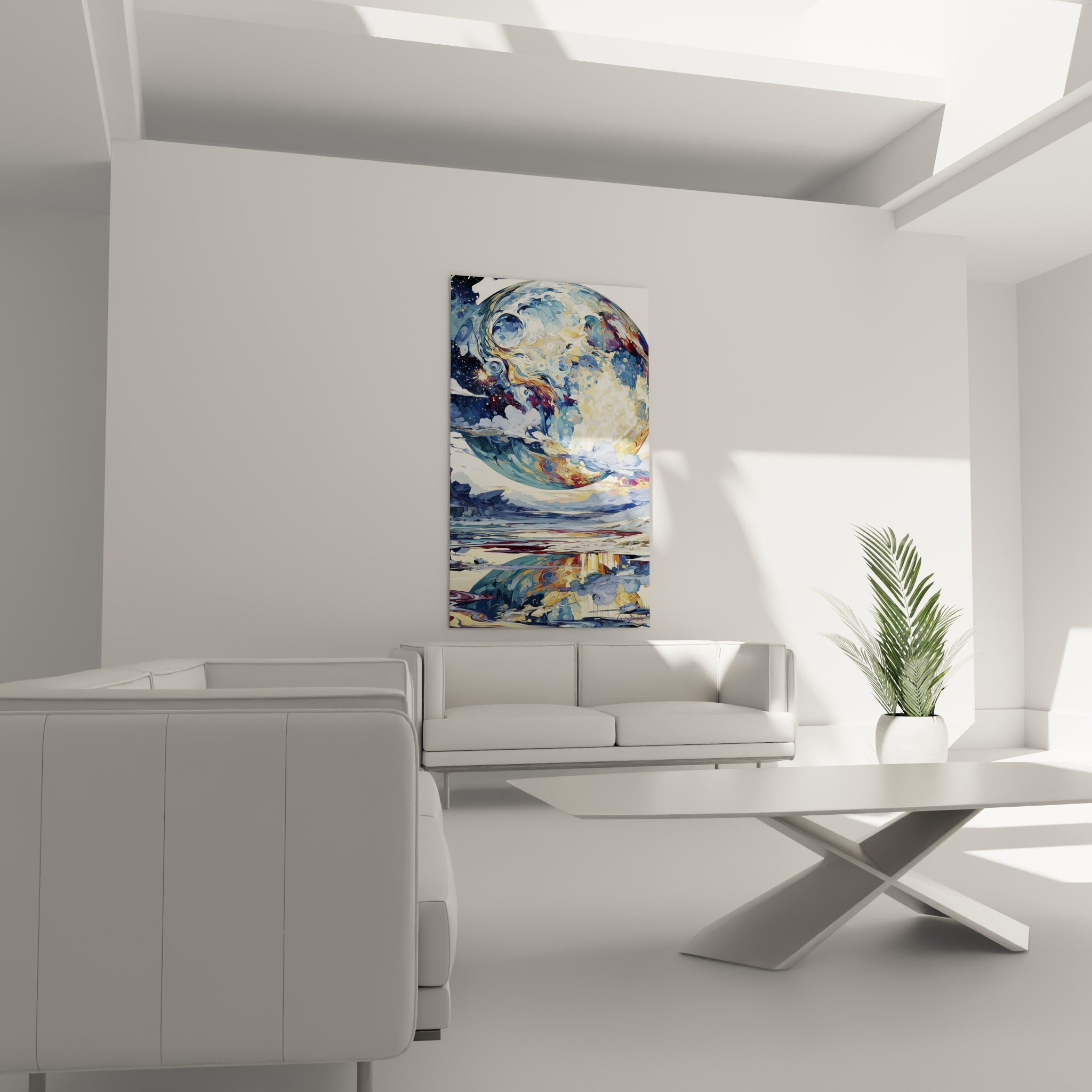 Astre bleu marine et ocre reflété sur un lac paisible, suspendu au-dessus d'un canapé dans un salon lumineux