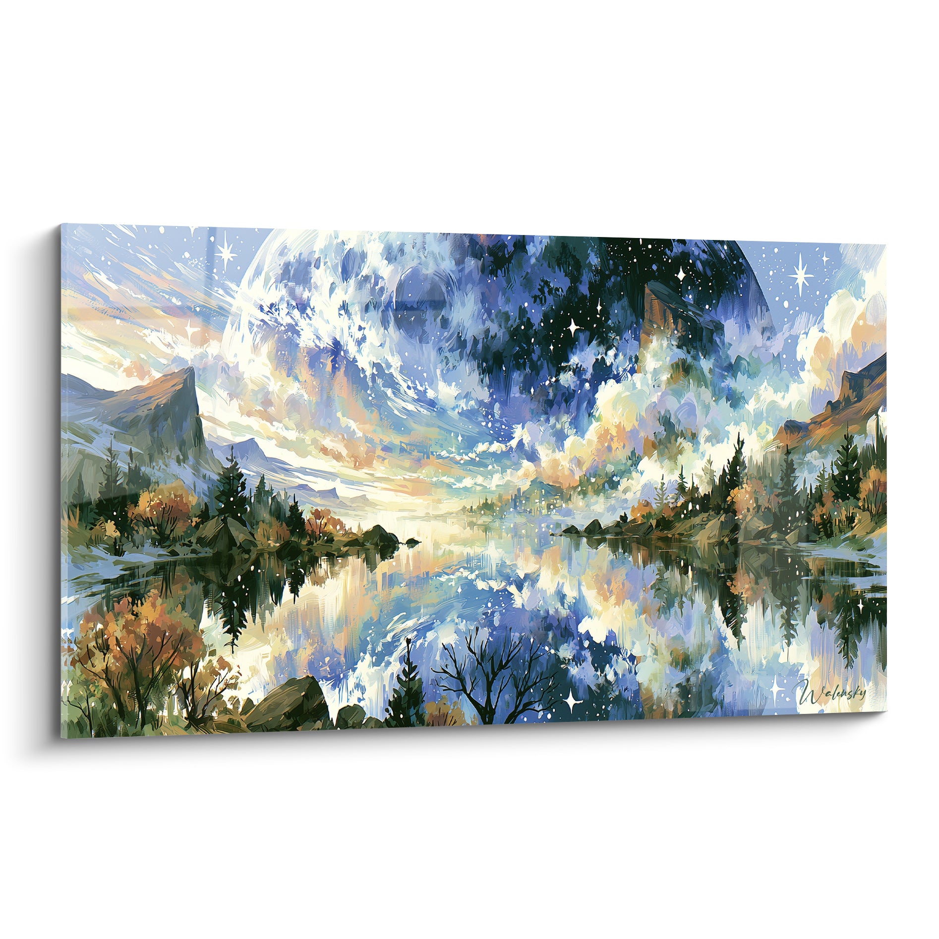 Astre géant bleu marine et ocre dominant un lac reflétant montagnes et sapins, peinture Planète