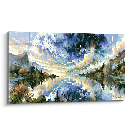Astre géant bleu marine et ocre dominant un lac reflétant montagnes et sapins, peinture Planète