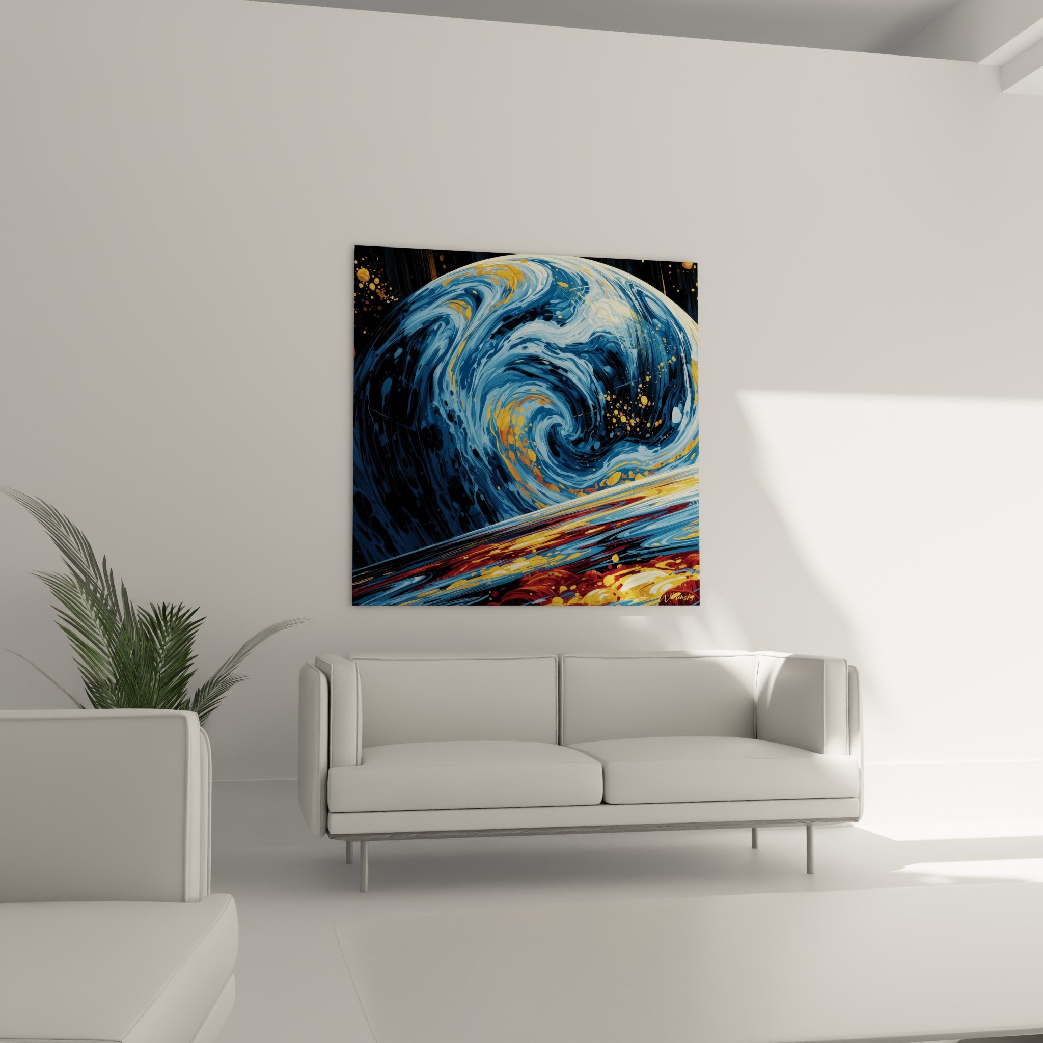 Astre tourbillonnant bleu et doré, disposé au-dessus d'un canapé dans un salon lumineux