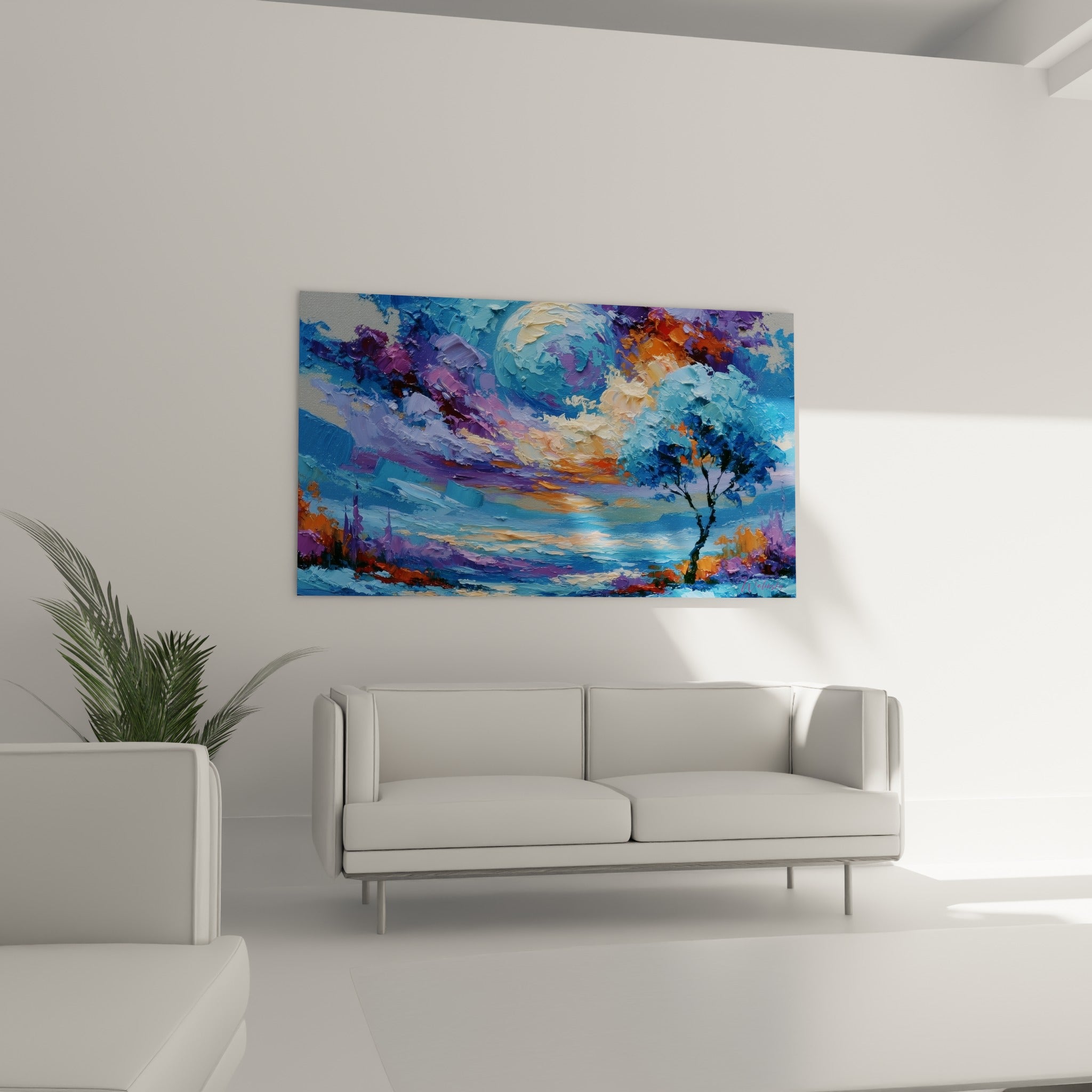 Astre bleu ciel et vagues orangées se déploient près d'un arbre stylisé, au-dessus d'un canapé dans un salon lumineux