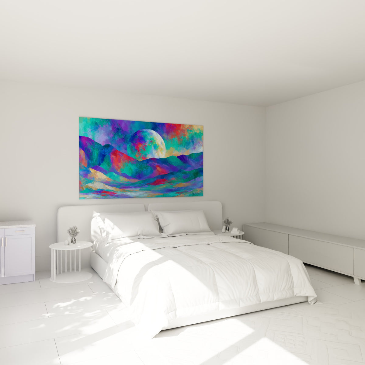 Astre géant aux teintes rouge et bleu marine trônant au-dessus d'un lit dans une chambre claire
