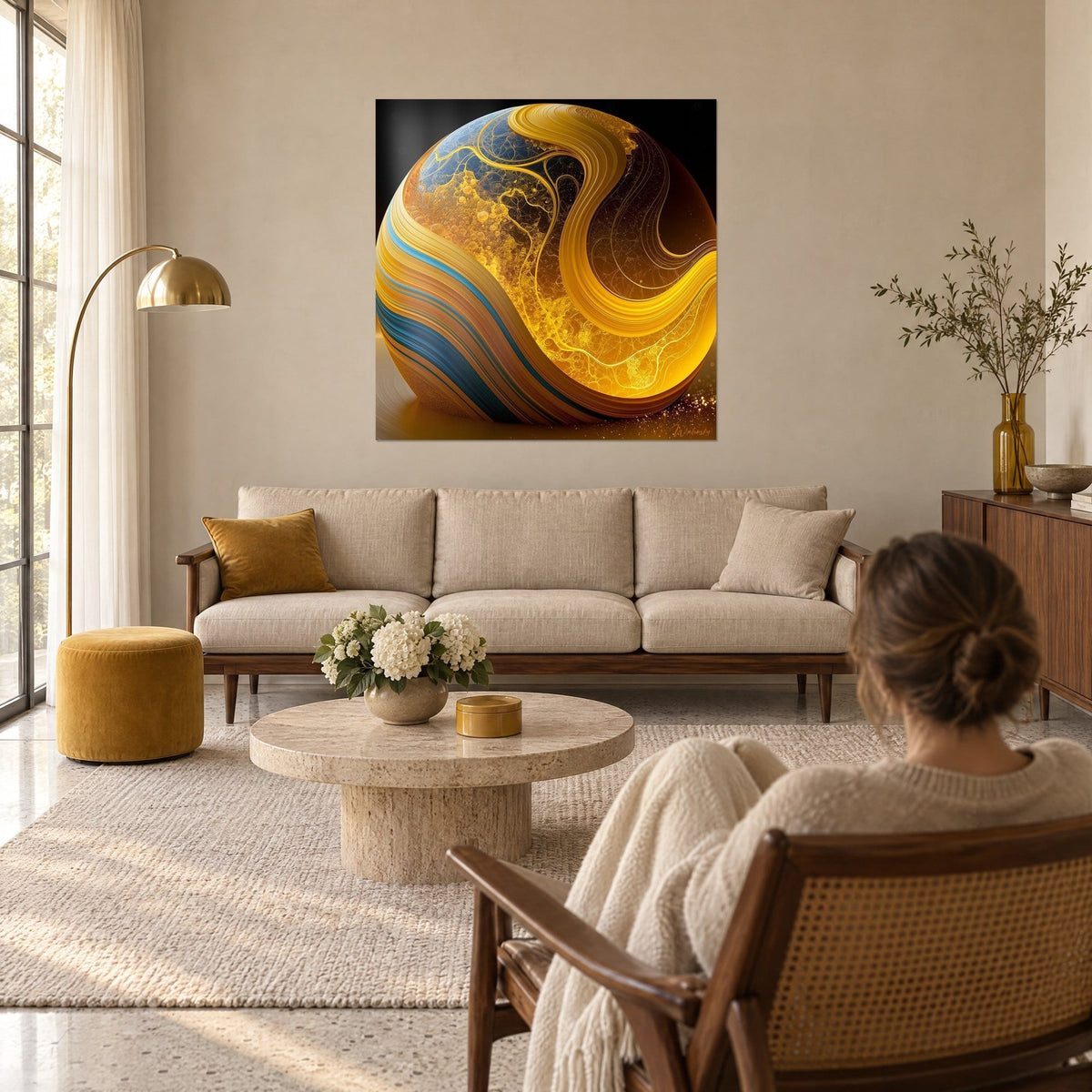 Tableau globe doré aux volutes bleu pétrole et fines veinures, au-dessus d'un canapé dans un salon lumineux