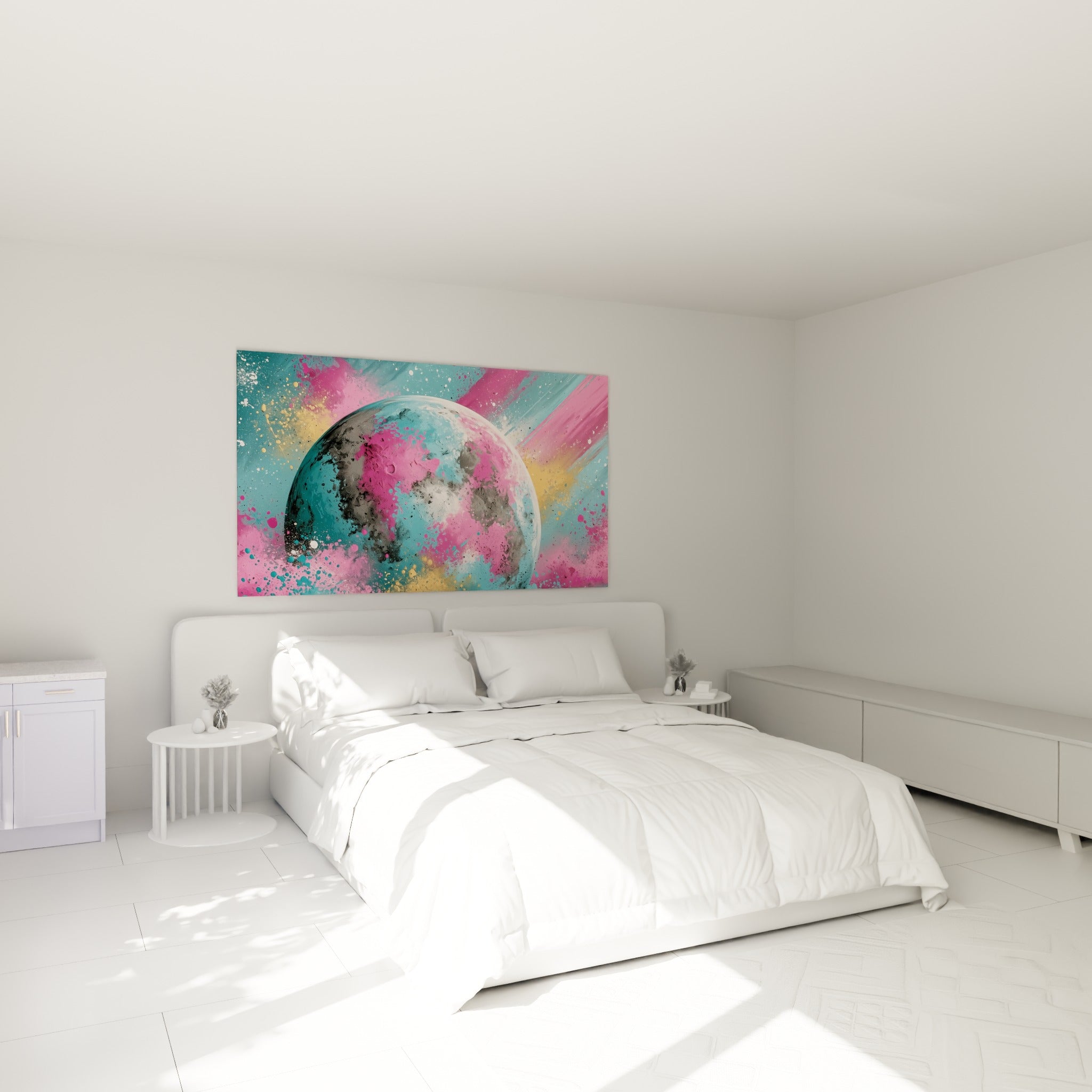 Astre coloré aux teintes turquoise et rose fauve, accroché au-dessus d'un lit dans une chambre claire