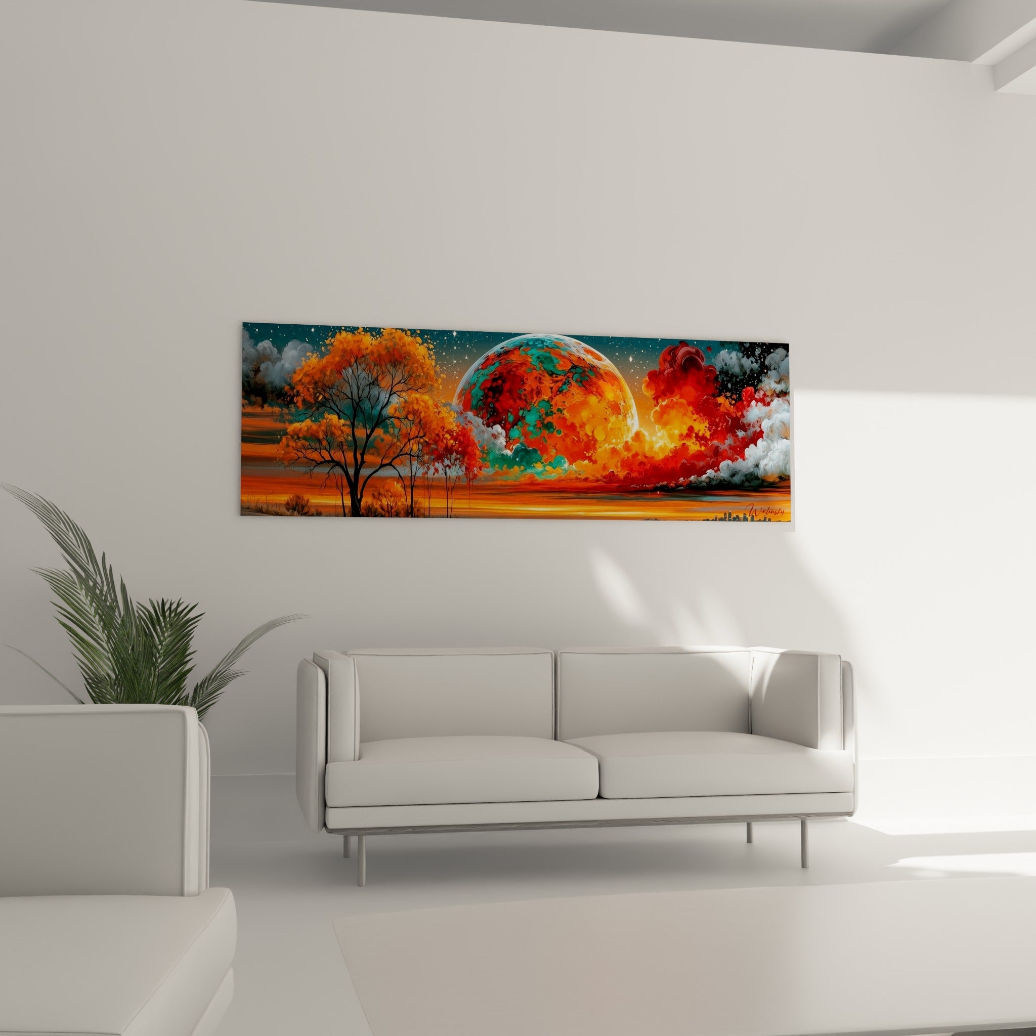Astre orange embrasé et nuages anthracite accrochés au-dessus d'un canapé dans un salon lumineux