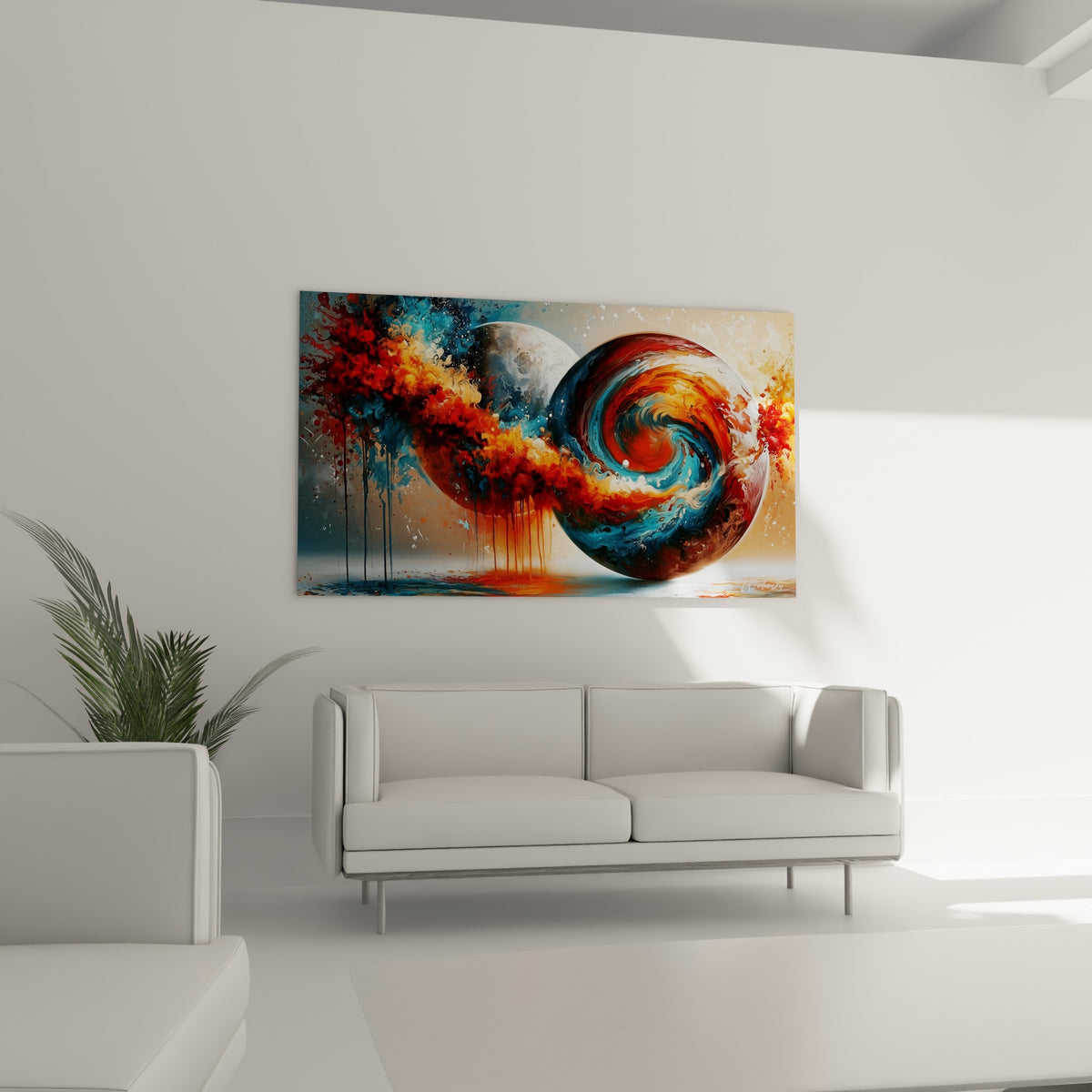 Astre en fusion aux tons anthracite et orange vif, coulures écarlates, au-dessus d'un canapé dans un salon lumineux