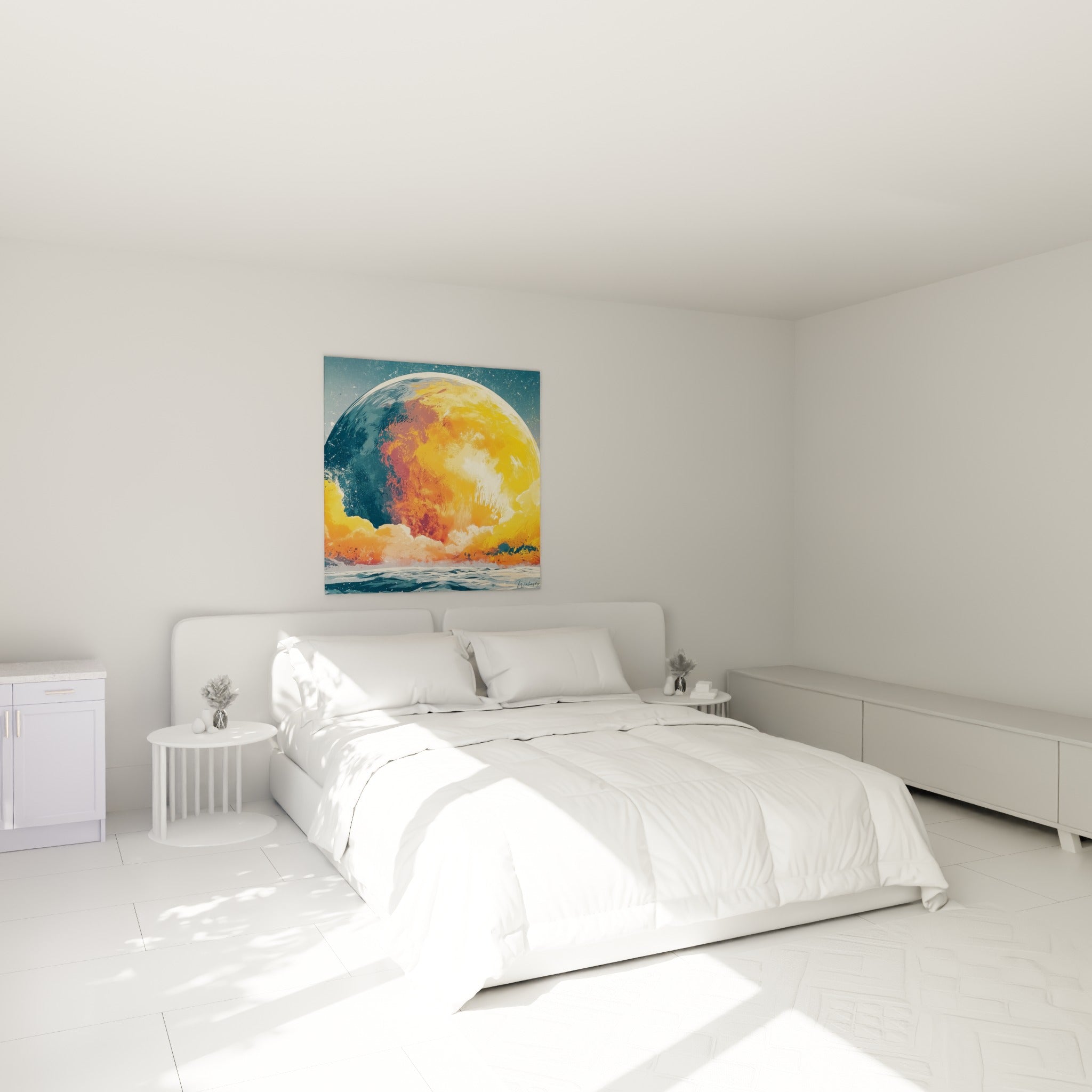 Astre orange et bleu marine en fusion accroché au-dessus d'un lit dans une chambre claire